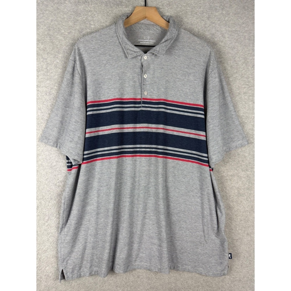 Vineyard Vines Polo Shirt Mens 2XL Blue Red Gray Striped Edgartown